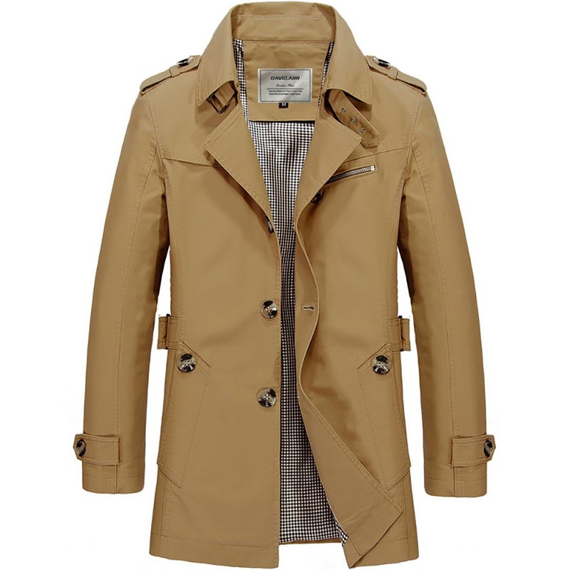 DAVID.ANN Men's Windbreaker Notch Lapel Single Breasted Coat,Dark khaki,Medium - Image 1