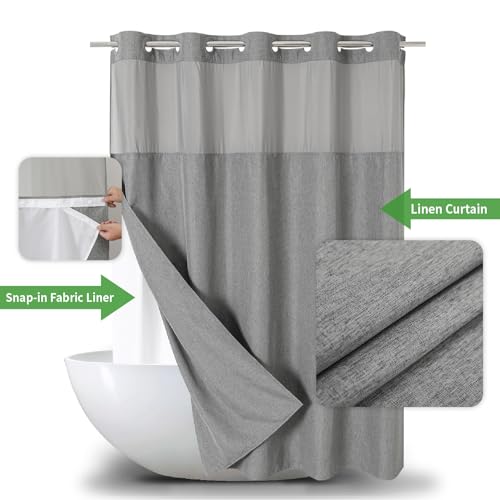 eachope No Hooks Needed Linen Textured Shower Curtain with Snap-in Fabric Liner Set,Hotel Luxury Decor Shower Curtains for Bathroom with See Through Top Window,Waterproof & Washable,71Wx74H,Gray - Image 2