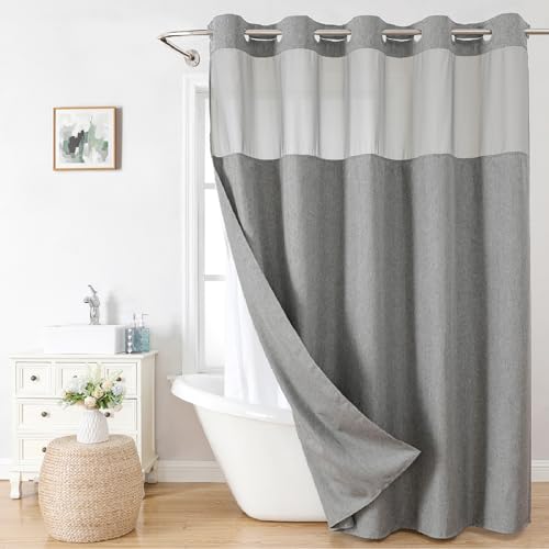 eachope No Hooks Needed Linen Textured Shower Curtain with Snap-in Fabric Liner Set,Hotel Luxury Decor Shower Curtains for Bathroom with See Through Top Window,Waterproof & Washable,71Wx74H,Gray - Image 1