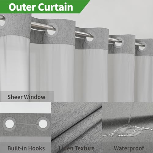 eachope No Hooks Needed Linen Textured Shower Curtain with Snap-in Fabric Liner Set,Hotel Luxury Decor Shower Curtains for Bathroom with See Through Top Window,Waterproof & Washable,71Wx74H,Gray - Image 3