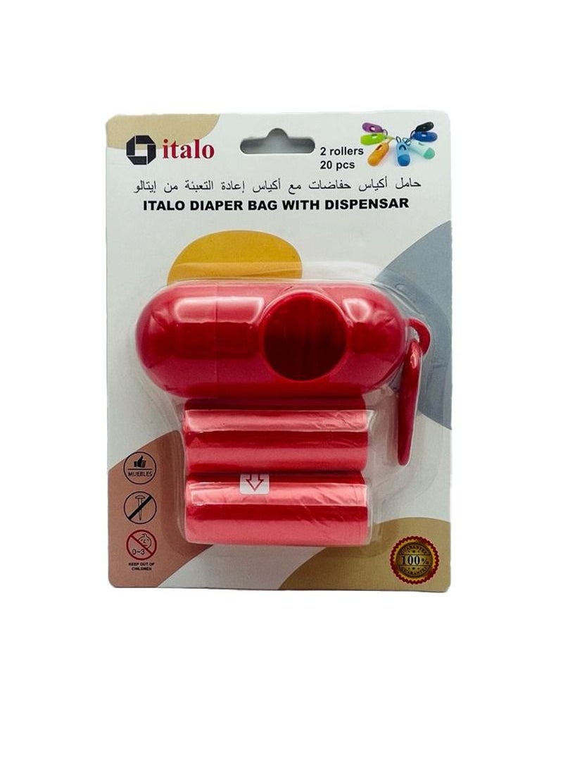 ITALO - Pack Of 2 Disposable Diaper Bag Refill Rolls With Nappy Bags Dispenser Red - Image 1