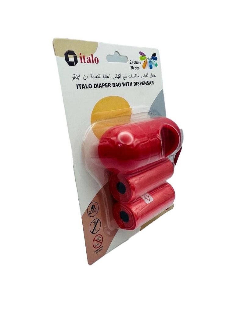 ITALO - Pack Of 2 Disposable Diaper Bag Refill Rolls With Nappy Bags Dispenser Red - Image 1