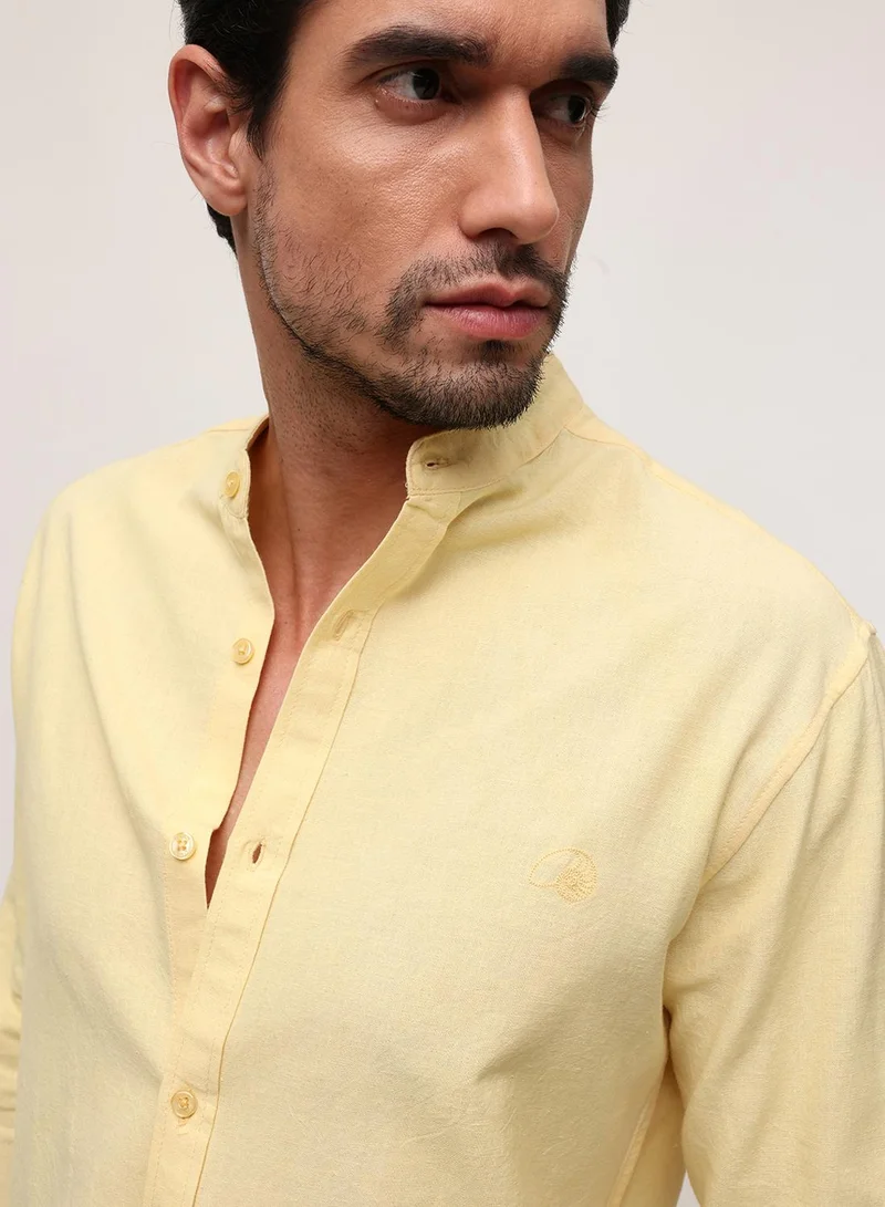 Dennis Lingo Yellow Cotton Linen Solid Print Button Down Relaxed Shirt For Men