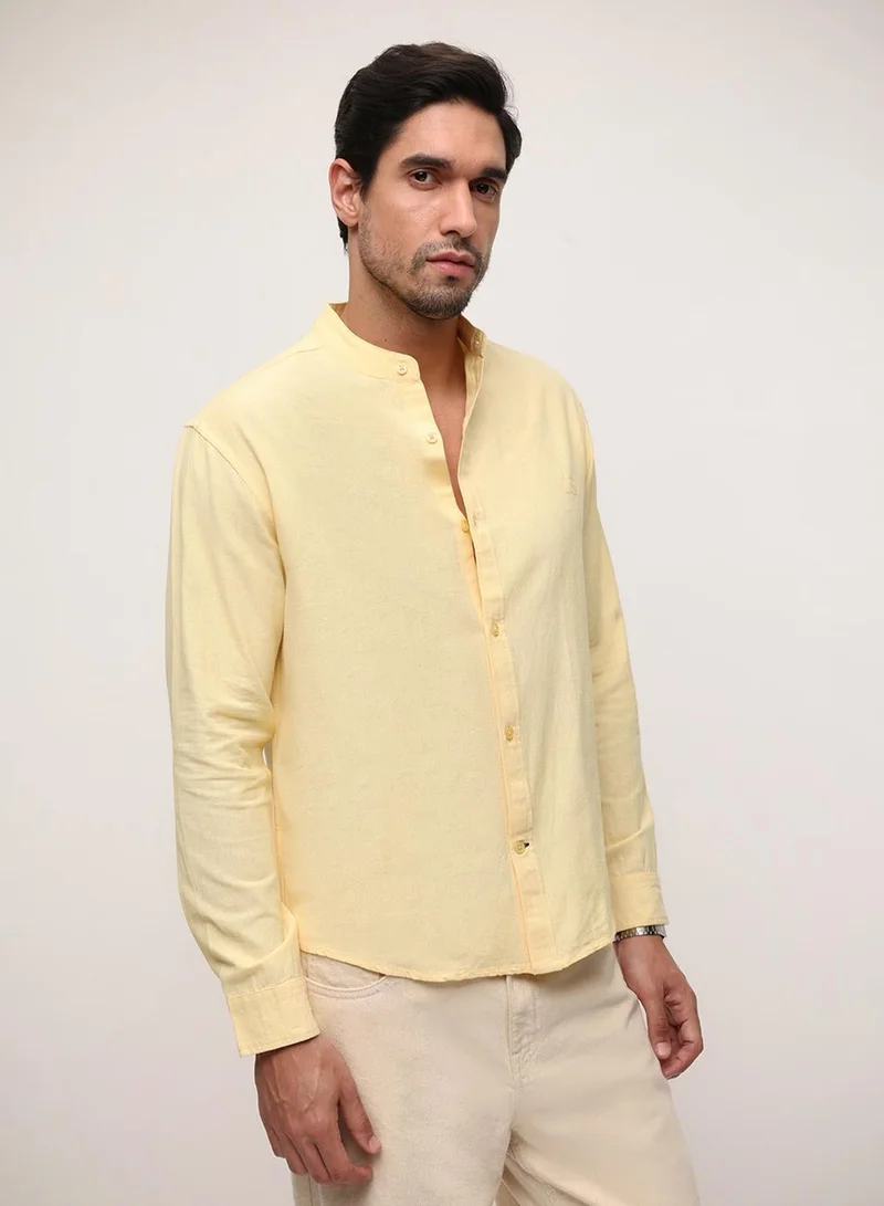 Dennis Lingo Yellow Cotton Linen Solid Print Button Down Relaxed Shirt For Men