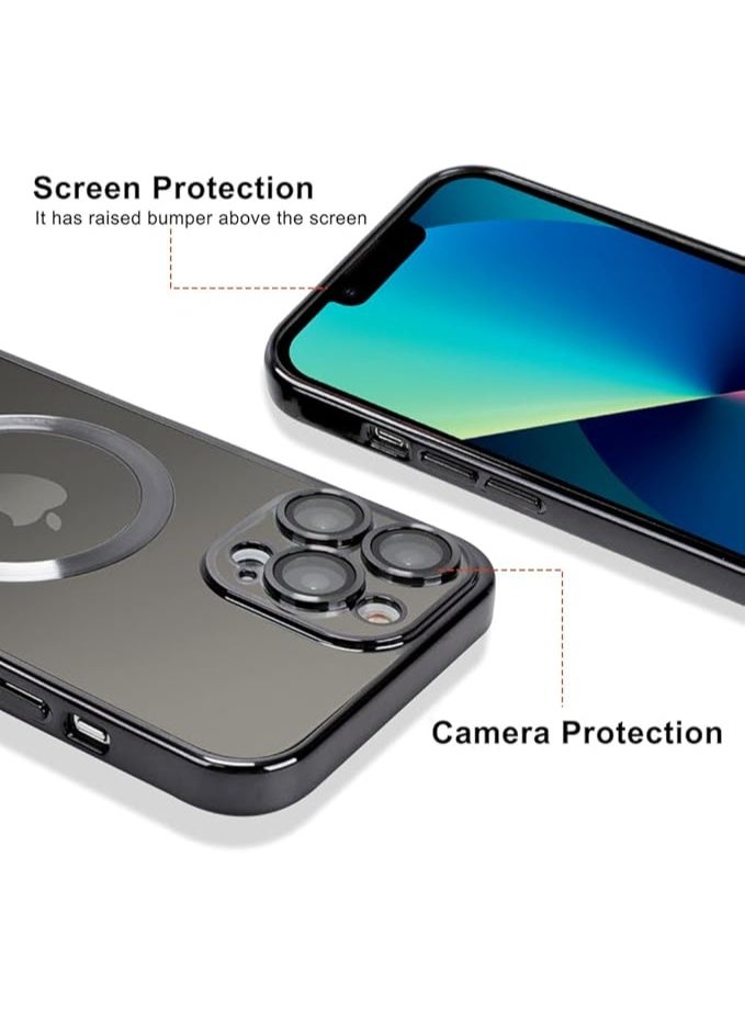 جراب هاتف مصمم خصيصًا لهاتف iPhone 14 Pro بشاشة 6.1 بوصة، مزود بواقي لعدسة الكاميرا، متوافق مع تقنية MagSafe، مقاوم للخدوش والصدمات، مطلي بالكهرباء، غطاء هاتف رفيع مناسب للرجال والنساء - أسود - Image 2