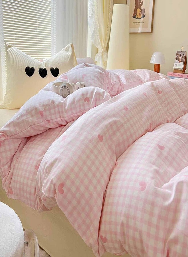 Nanko Pink Gingham Comforter Set Twin Size - 2 Pcs Plaid Grid Checked Geometric Heart Pattern Printed Bedding Sets and White Soft Cottage Preppy Deco for Women Girls Bed, 68x90 inch - Image 1