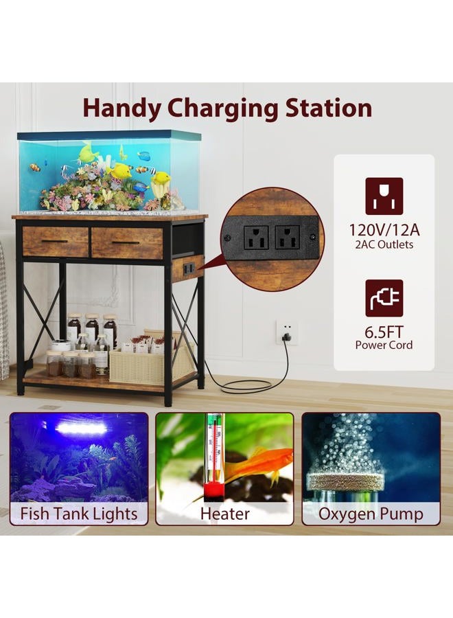 tfk 20-29-37Gallon Fish Tank Stand with Power Outlet, Heavy Duty Metal Aquarium Stand with Two Storage Drawers for Fish Tank Accessories Storage, Perfect for Turtle Tank, Reptile Terrarium, Brown - Image 2