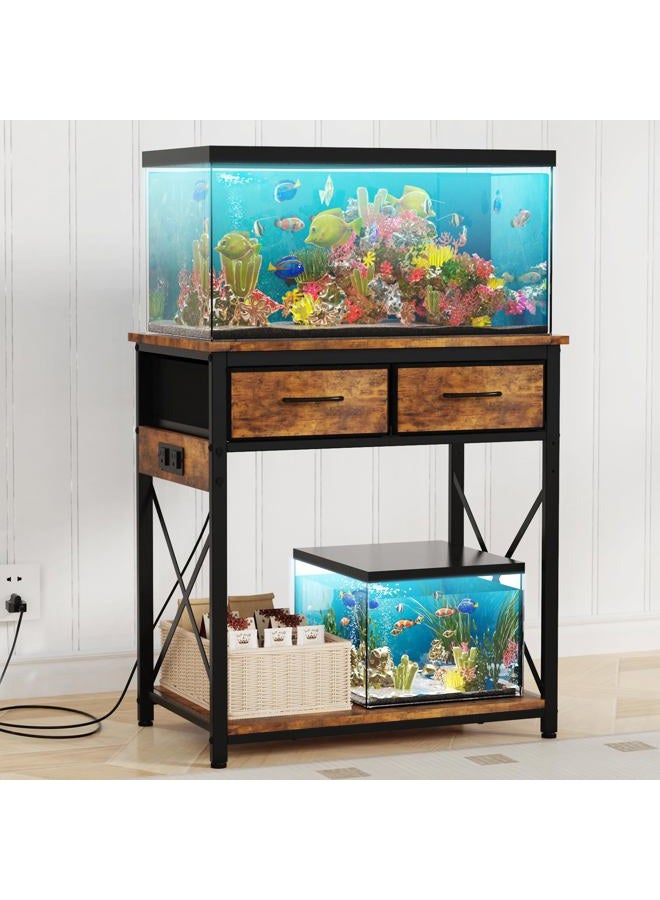 tfk 20-29-37Gallon Fish Tank Stand with Power Outlet, Heavy Duty Metal Aquarium Stand with Two Storage Drawers for Fish Tank Accessories Storage, Perfect for Turtle Tank, Reptile Terrarium, Brown - Image 1