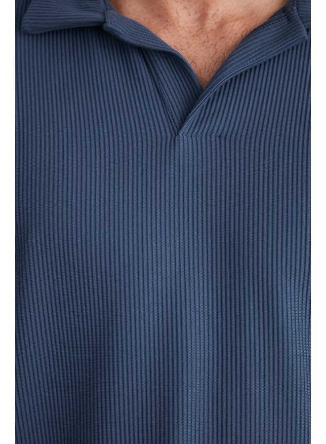 trendyol Indigo Limited Edition Oversize Textured Anti-Wrinkle Ottoman Polo Neck T-Shirt TMNSS23PO00020 - Image 5