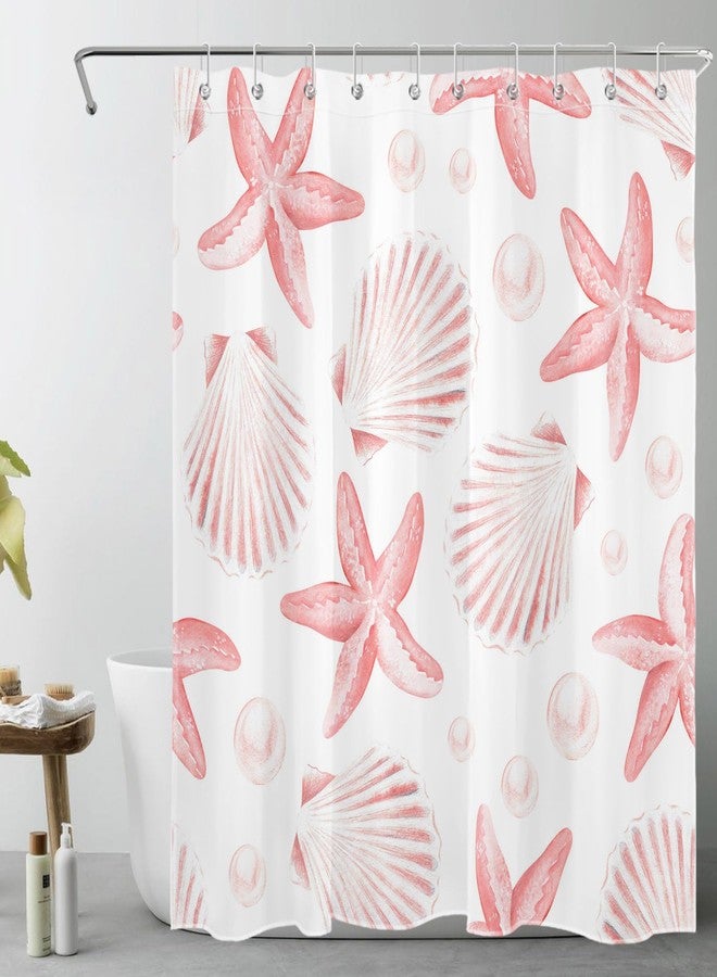 HVEST Nautical Coastal Shower Curtain for Bathroom Pink Seashell Seastar on White Fabric Shower Curtain with Hooks Summer Ocean Beach Bathroom Decor Curtains,72L X 60W inches - Image 1