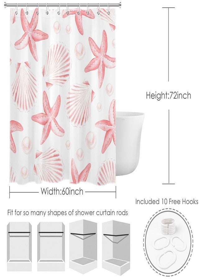 HVEST Nautical Coastal Shower Curtain for Bathroom Pink Seashell Seastar on White Fabric Shower Curtain with Hooks Summer Ocean Beach Bathroom Decor Curtains,72L X 60W inches - Image 3