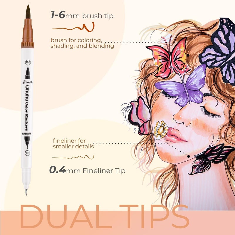 Ohuhu Skin Tone Markers 36 Colors: Dual Tip Brush and Fineliner Markers for Adult Coloring Water Based Art Skintone Marker Pens Set for Portrait Drawing Lettering Writing Calligraphy Journaling - Maui - Image 2