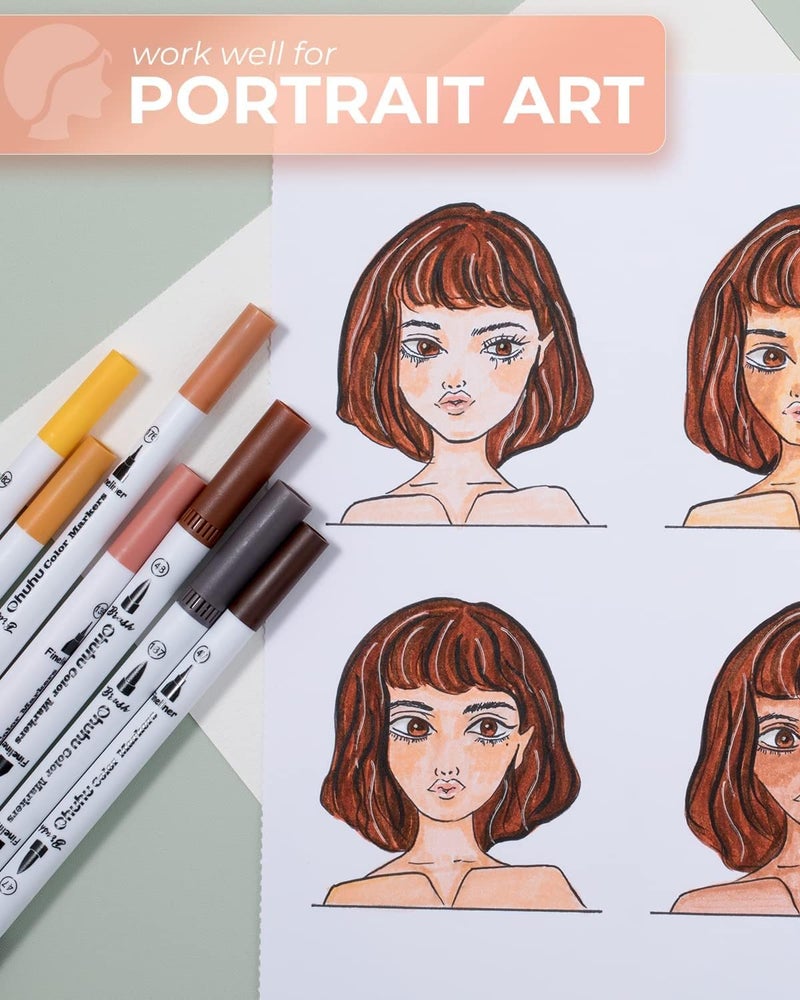 Ohuhu Skin Tone Markers 36 Colors: Dual Tip Brush and Fineliner Markers for Adult Coloring Water Based Art Skintone Marker Pens Set for Portrait Drawing Lettering Writing Calligraphy Journaling - Maui - Image 4