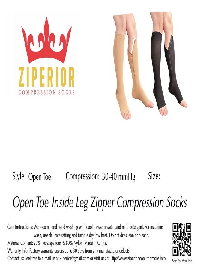 Ziperior جوارب Ziperior Big Tall مفتوحة الأصابع بسحاب داخلي للساق، ضغط 30-40 مم زئبق، درجة 3، جوارب ساق عريضة كبيرة (أسود، 5XL) - Image 2