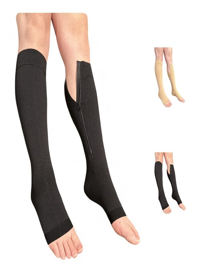 Ziperior جوارب Ziperior Big Tall مفتوحة الأصابع بسحاب داخلي للساق، ضغط 30-40 مم زئبق، درجة 3، جوارب ساق عريضة كبيرة (أسود، 5XL) - Image 1