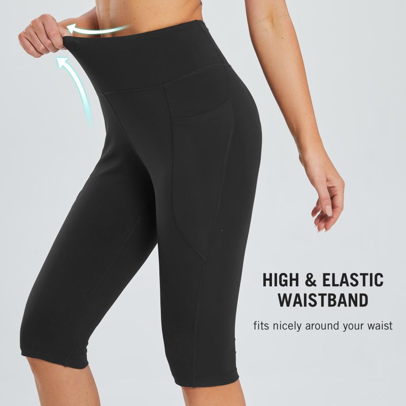 baleaf Capri Leggings for Women High Waisted Capri Pants with Pockets Knee Length Yoga Workout Casual Exercise Black XL - Image 4