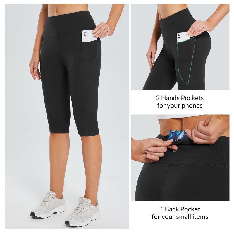 baleaf Capri Leggings for Women High Waisted Capri Pants with Pockets Knee Length Yoga Workout Casual Exercise Black XL - Image 2