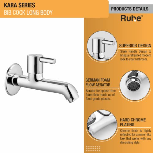Ruhe® Kara Bib Cock Long Body Brass Faucet/Tap | Bib Tap for Bathrooms, Washing Areas, Kitchen & Gardens | Chrome Finish Faucet/Tap - Image 2