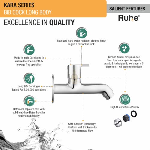 Ruhe® Kara Bib Cock Long Body Brass Faucet/Tap | Bib Tap for Bathrooms, Washing Areas, Kitchen & Gardens | Chrome Finish Faucet/Tap - Image 5