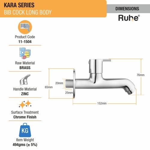 Ruhe® Kara Bib Cock Long Body Brass Faucet/Tap | Bib Tap for Bathrooms, Washing Areas, Kitchen & Gardens | Chrome Finish Faucet/Tap - Image 3