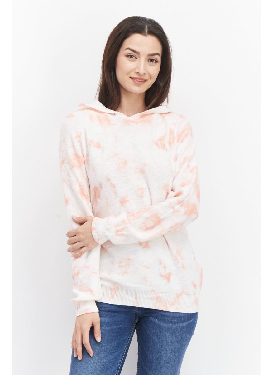 Weatherproof Women Tie Dye Printed Long Sleeve Hooded Sweater, Coral  - Image 1