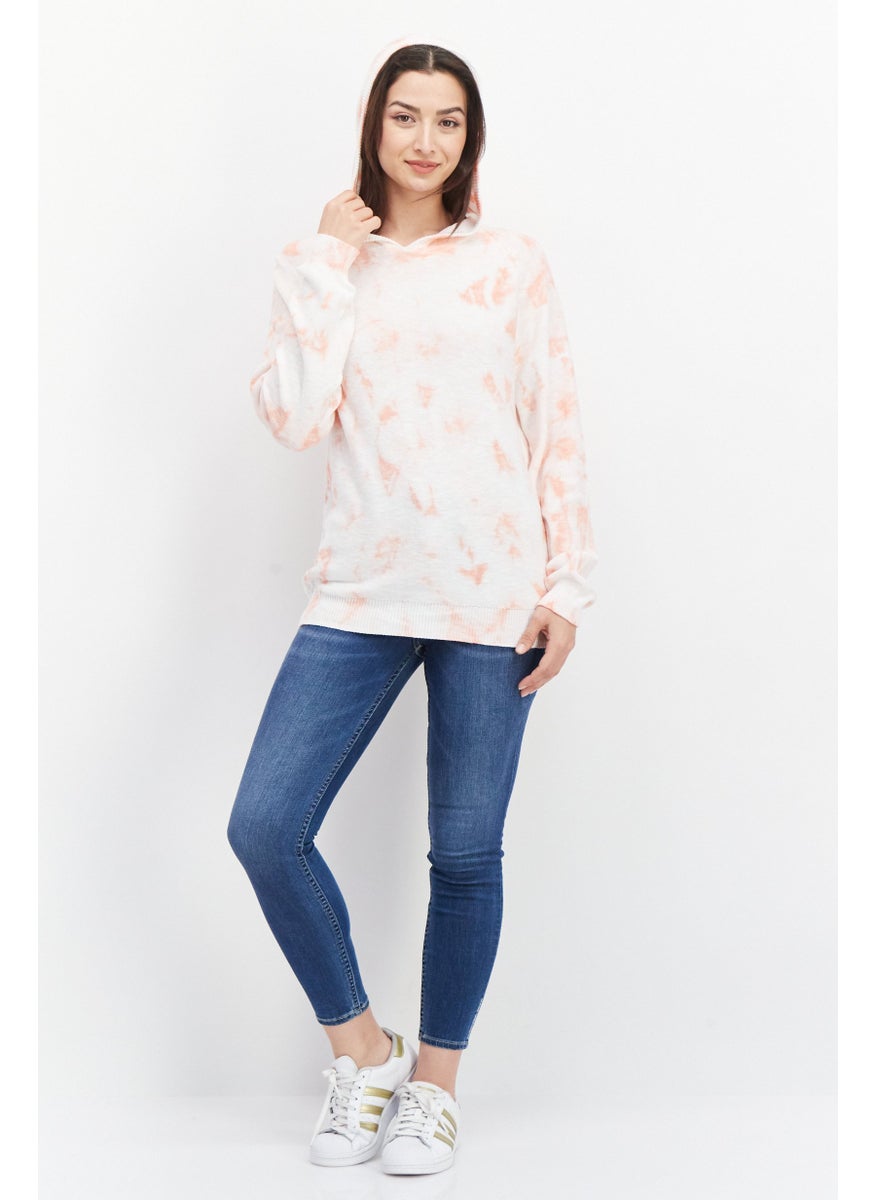 Weatherproof Women Tie Dye Printed Long Sleeve Hooded Sweater, Coral  - Image 3