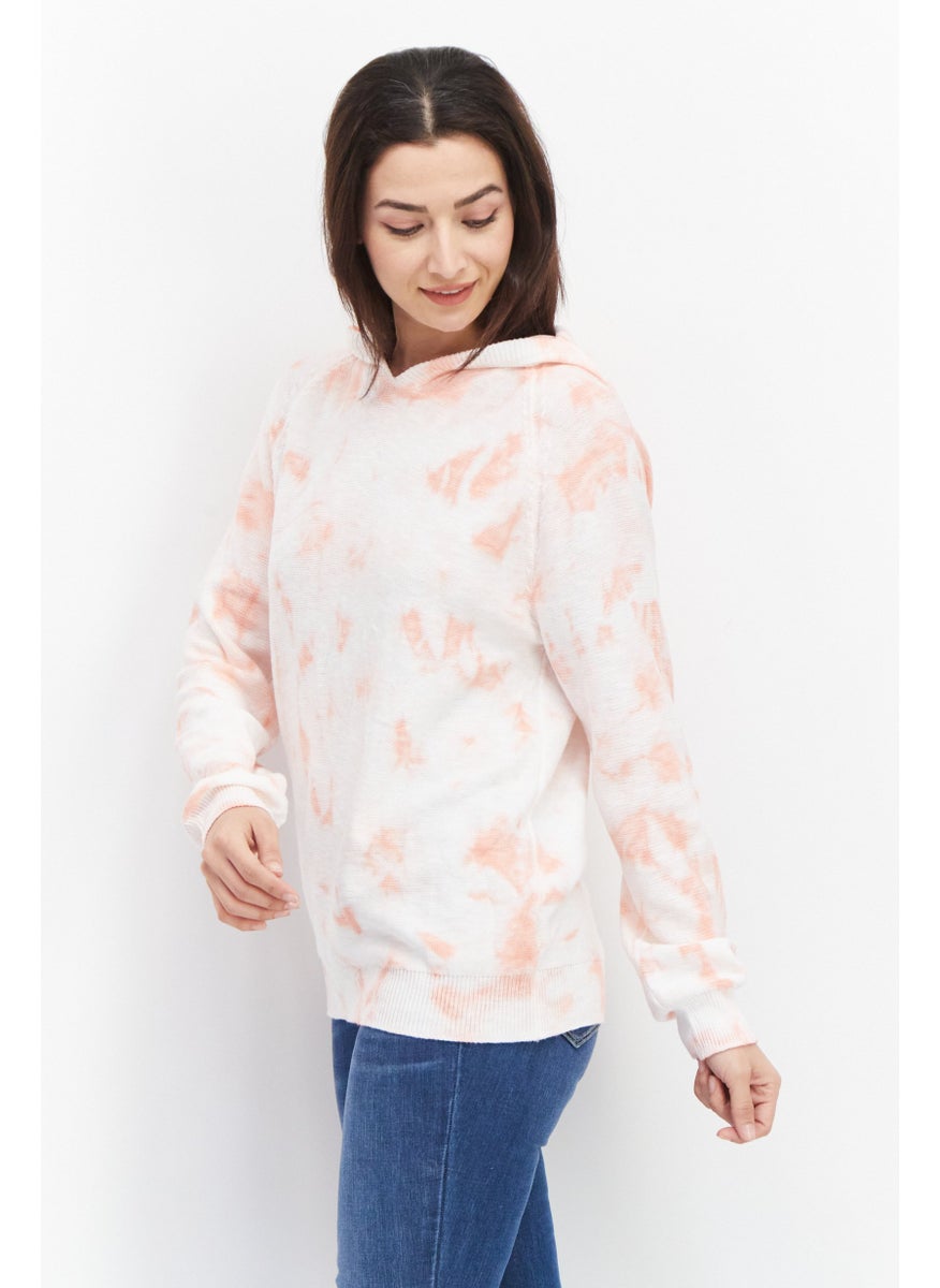 Weatherproof Women Tie Dye Printed Long Sleeve Hooded Sweater, Coral  - Image 2