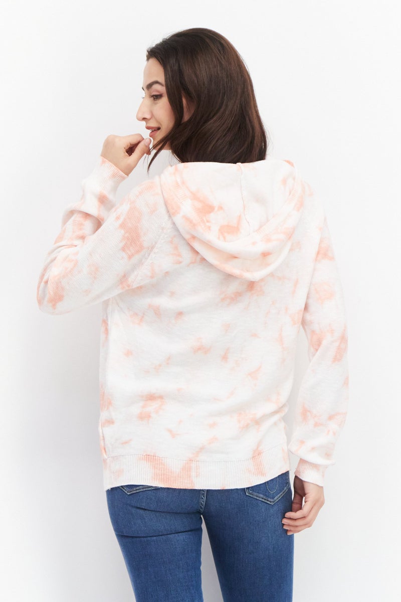 Weatherproof Women Tie Dye Printed Long Sleeve Hooded Sweater, Coral - Image 4