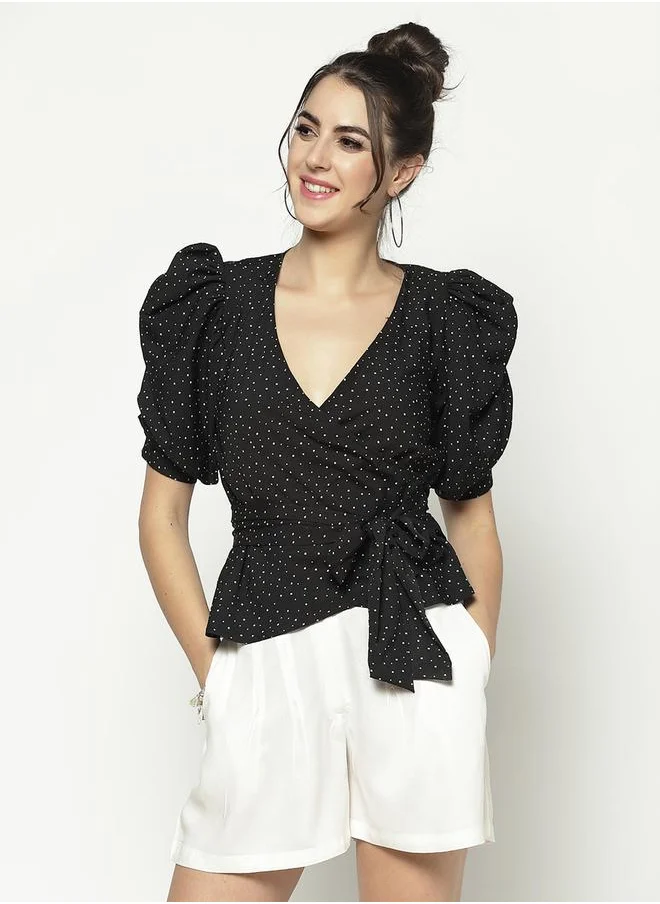 Sera Spot Print Puff Sleeve Wrap Top with Tie Up by Styli