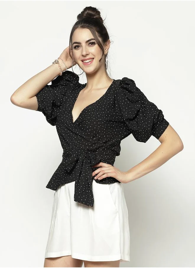 Sera Spot Print Puff Sleeve Wrap Top with Tie Up by Styli