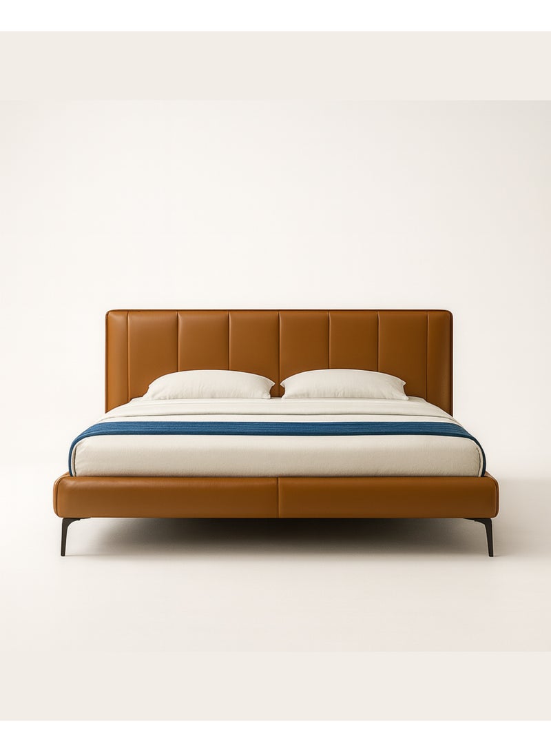 KUSTOMDECO Modern Minimalist  Leather Bed Frame with Upholstered Headboard | Premium Faux Leather, Low Profile Platform, Luxury Bedroom Furniture King Size 180x200cm by KustomDeco (Tan Brown) - Image 1