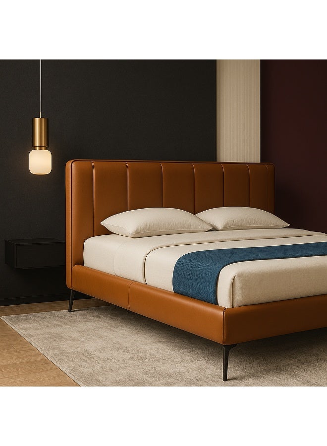 KUSTOMDECO Modern Minimalist  Leather Bed Frame with Upholstered Headboard | Premium Faux Leather, Low Profile Platform, Luxury Bedroom Furniture King Size 180x200cm by KustomDeco (Tan Brown) - Image 3