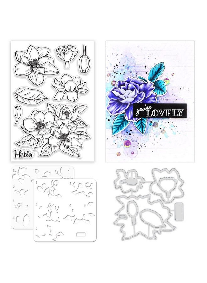 ORIGACH Realistic Magnolia Flower Stamps And Die And Layering Coloring Stencil Bundle For Card Making Album Arts Crafts Supplies - Image 1