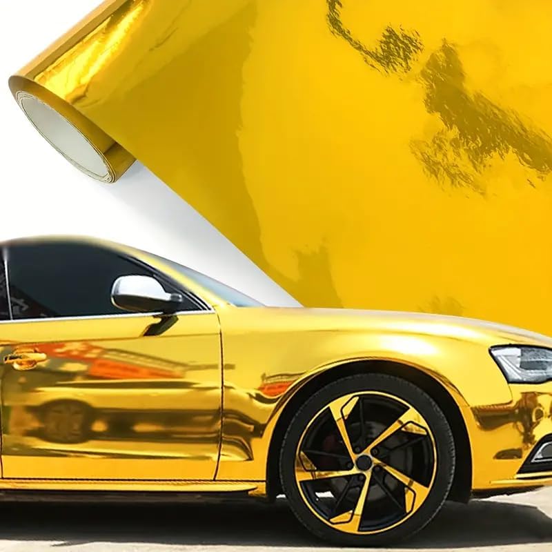 LIVECOOL™ 3D Chrome Mirror Golden Vinyl Wrap Adhesive Car Sticker Decal Film Adhesive Vinyl Wrap Car Sticker Decal Film Bike & Car Air Release Waterproof wrap Sheet (Golden Chrome wrap, 12 X 48 Inch) - Image 1