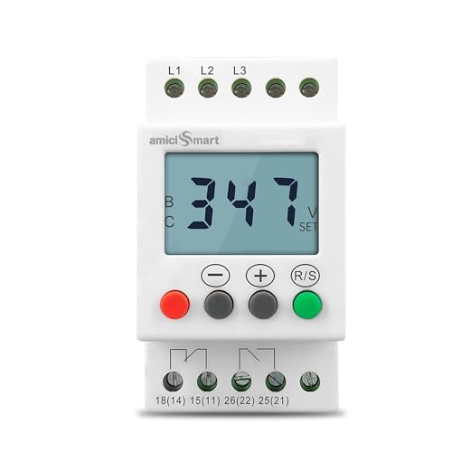 amiciSmart 3-Phase Over/Under Voltage Protection Relay 300–500V, Contactor Based Phase Unbalance & Sequence Protector with LCD Display and 1-Year Warranty - Image 1
