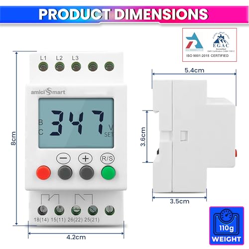 amiciSmart 3-Phase Over/Under Voltage Protection Relay 300–500V, Contactor Based Phase Unbalance & Sequence Protector with LCD Display and 1-Year Warranty - Image 2