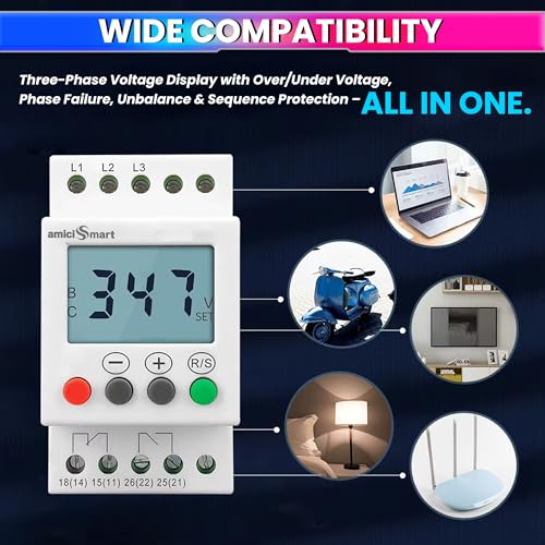amiciSmart 3-Phase Over/Under Voltage Protection Relay 300–500V, Contactor Based Phase Unbalance & Sequence Protector with LCD Display and 1-Year Warranty - Image 5