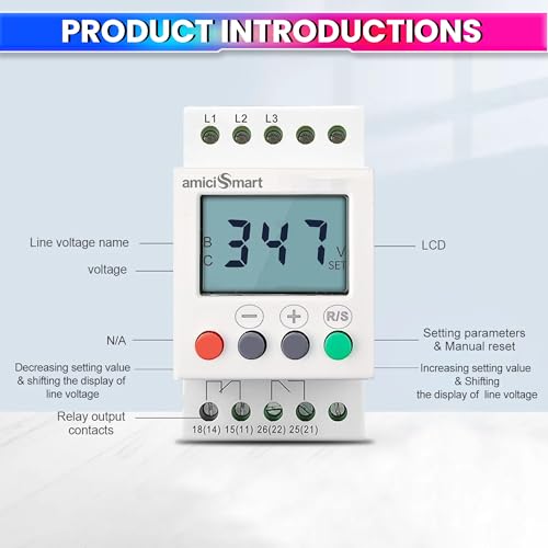 amiciSmart 3-Phase Over/Under Voltage Protection Relay 300–500V, Contactor Based Phase Unbalance & Sequence Protector with LCD Display and 1-Year Warranty - Image 3