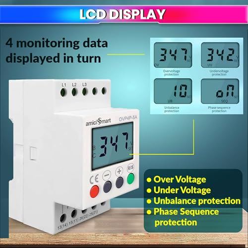 amiciSmart 3-Phase Over/Under Voltage Protection Relay 300–500V, Contactor Based Phase Unbalance & Sequence Protector with LCD Display and 1-Year Warranty - Image 4