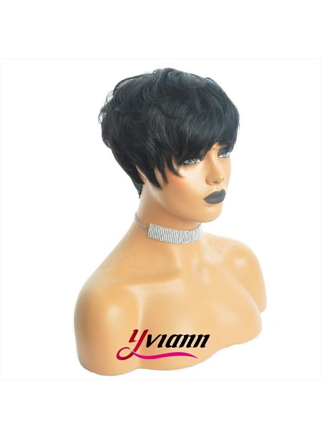 Yviann باروكات شعر بشري قصيرة بقصة بيكسي مع غرة باروكات قصيرة سوداء بطبقات وموجات للنساء لون 1B - Image 2