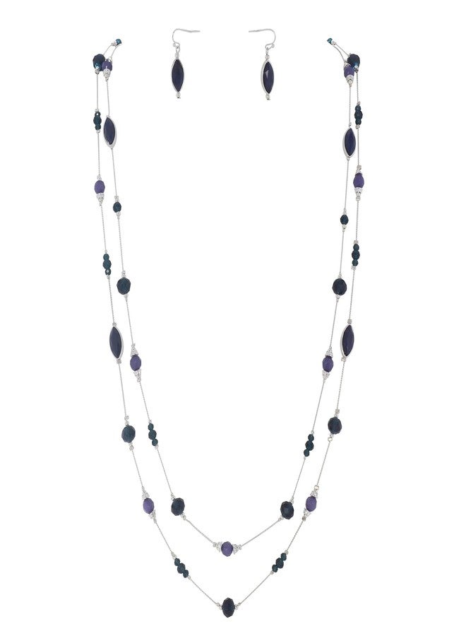 كويريز طقم أقراط وقلادة كويريس للنساء، قلادة طويلة مطرزة بطبقتين، أقراط متدلية عصرية، أطقم مجوهرات بوهيمية للنساء (N0098-أزرق داكن) - Image 1