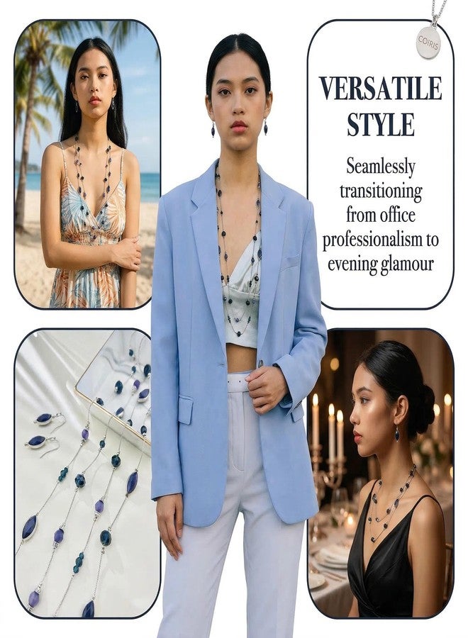 كويريز طقم أقراط وقلادة كويريس للنساء، قلادة طويلة مطرزة بطبقتين، أقراط متدلية عصرية، أطقم مجوهرات بوهيمية للنساء (N0098-أزرق داكن) - Image 3