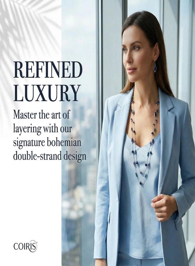 كويريز طقم أقراط وقلادة كويريس للنساء، قلادة طويلة مطرزة بطبقتين، أقراط متدلية عصرية، أطقم مجوهرات بوهيمية للنساء (N0098-أزرق داكن) - Image 5