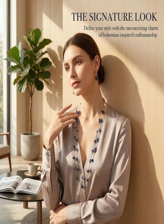 كويريز طقم أقراط وقلادة كويريس للنساء، قلادة طويلة مطرزة بطبقتين، أقراط متدلية عصرية، أطقم مجوهرات بوهيمية للنساء (N0098-أزرق داكن) - Image 2