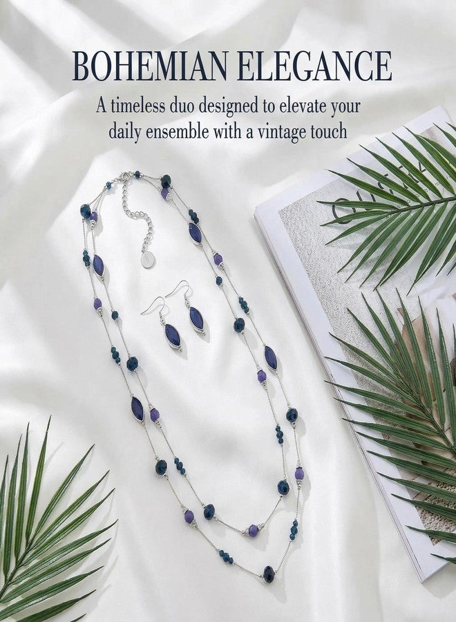 كويريز طقم أقراط وقلادة كويريس للنساء، قلادة طويلة مطرزة بطبقتين، أقراط متدلية عصرية، أطقم مجوهرات بوهيمية للنساء (N0098-أزرق داكن) - Image 4