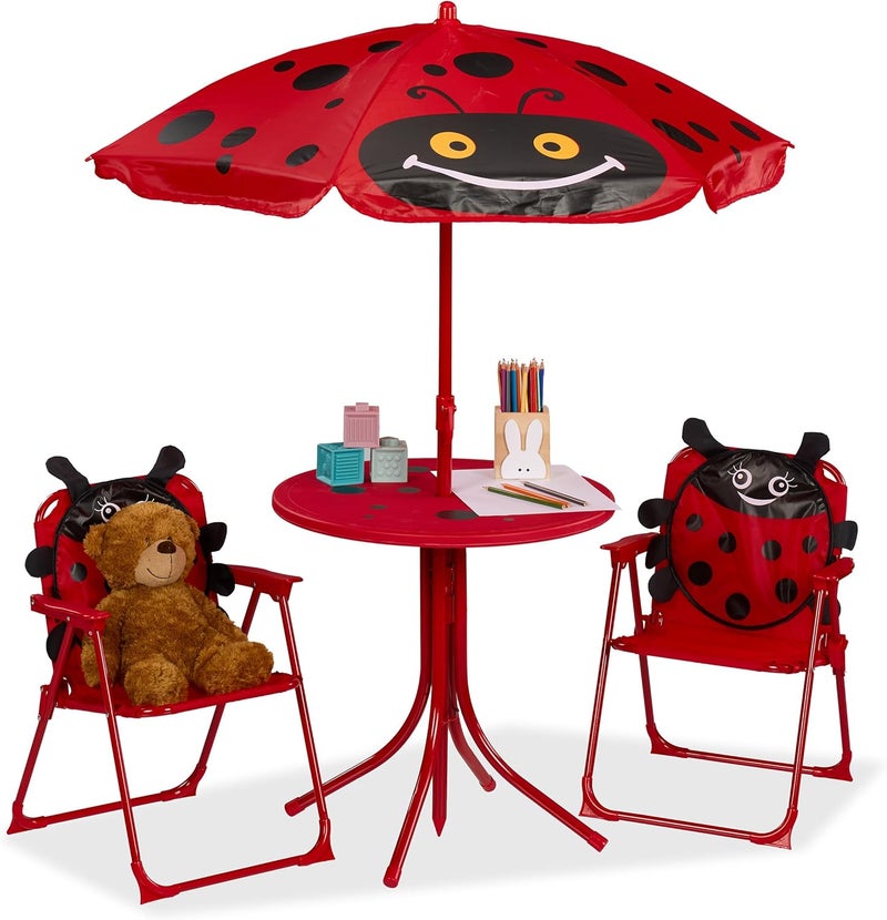 Relaxdays Children's Garden Furniture, Ladybug Print, Beach Umbrella, Folding Chairs, Table for Children, Red - Image 1