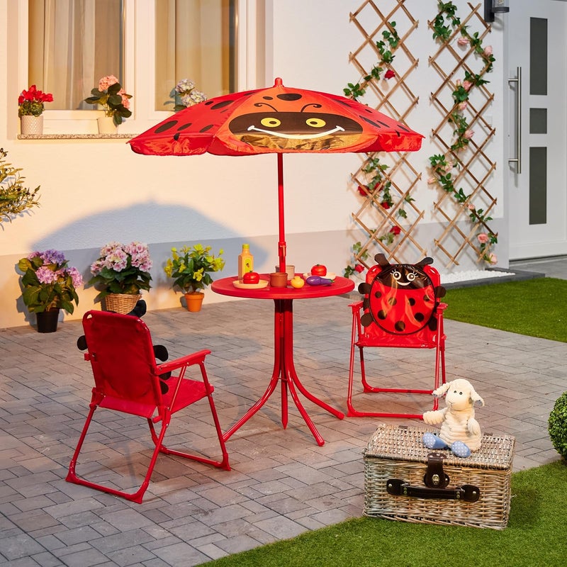 Relaxdays Children's Garden Furniture, Ladybug Print, Beach Umbrella, Folding Chairs, Table for Children, Red - Image 3