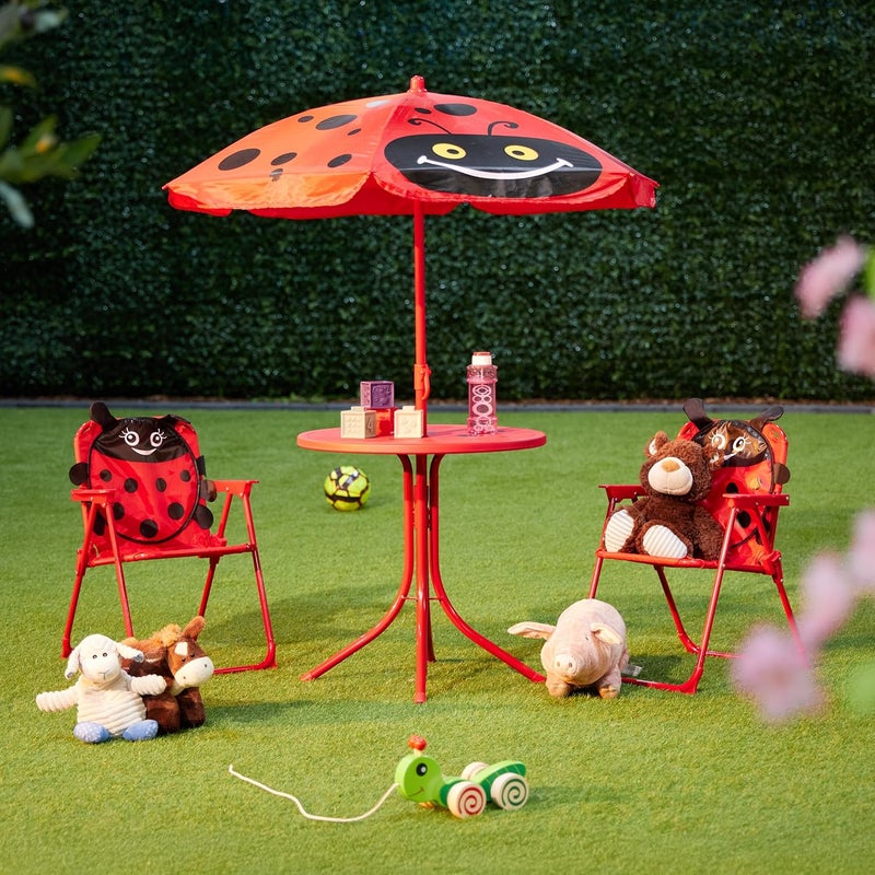 Relaxdays Children's Garden Furniture, Ladybug Print, Beach Umbrella, Folding Chairs, Table for Children, Red - Image 2