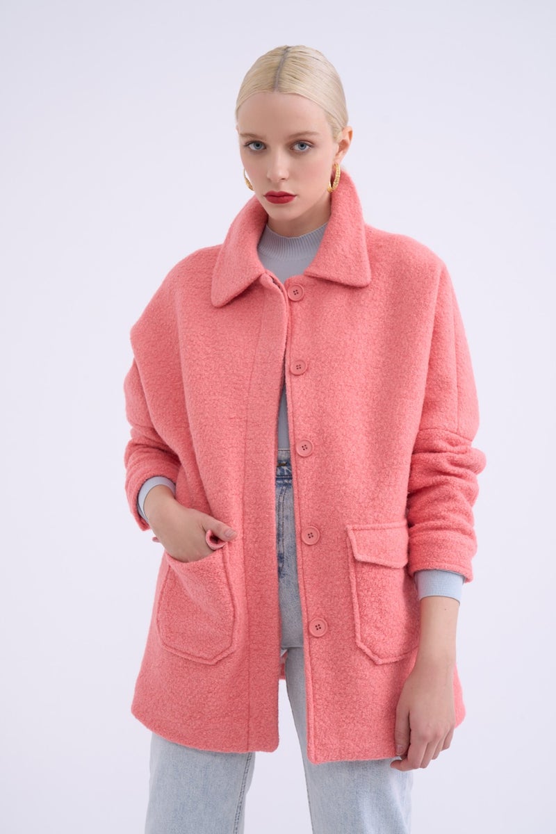 SATEEN Pocket Detailed Boucle Coat - Powder - Image 1