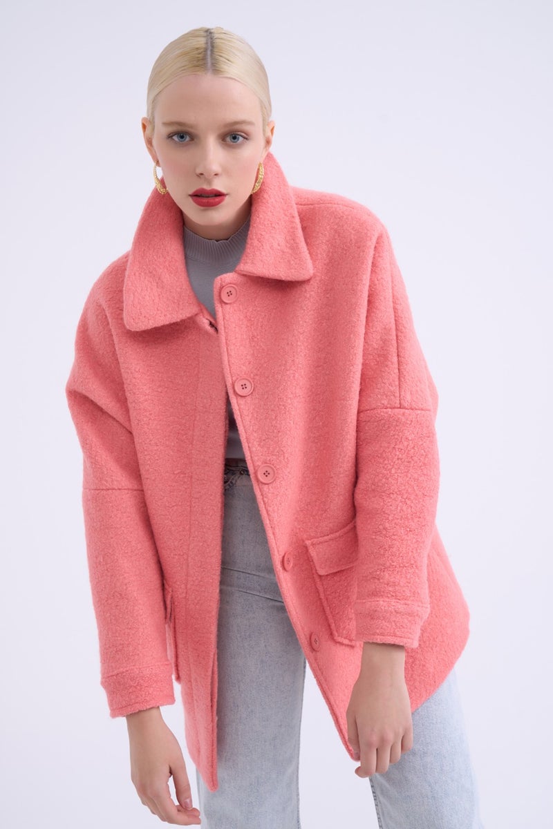 SATEEN Pocket Detailed Boucle Coat - Powder - Image 2